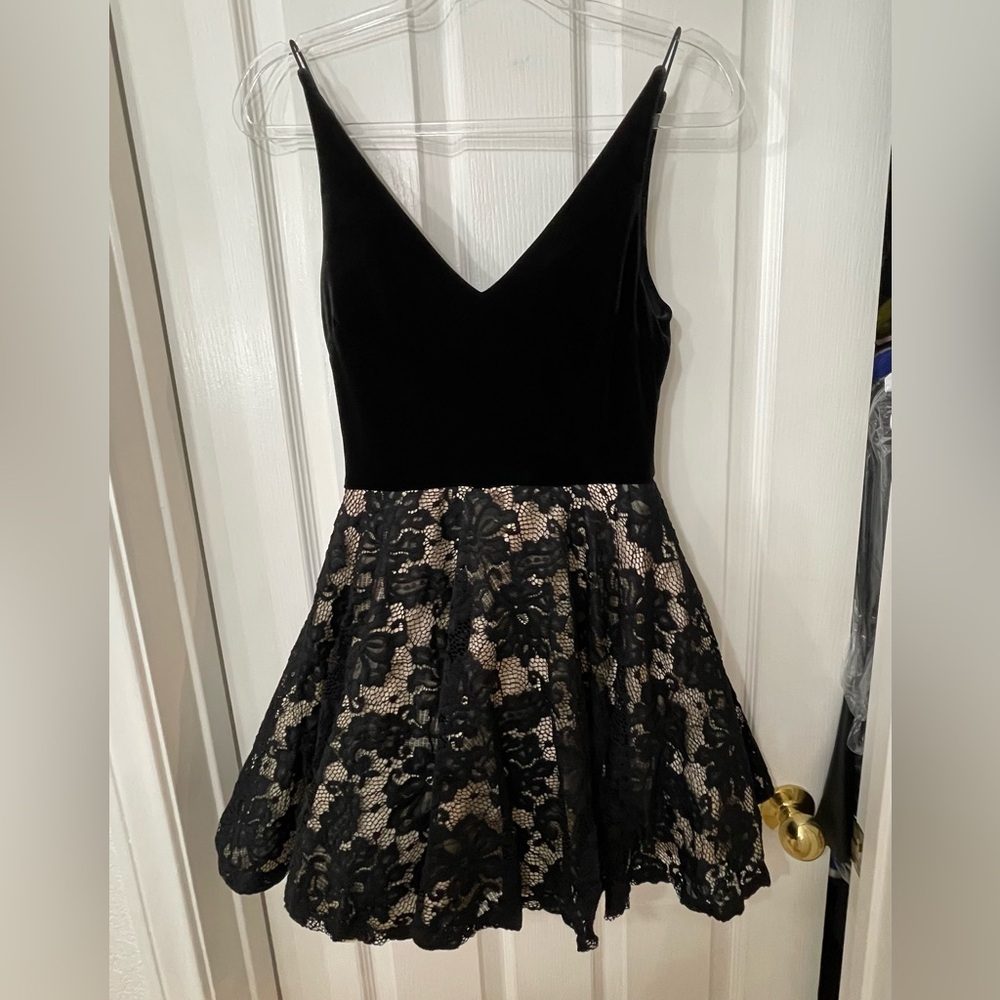 B Darlin Black Velvet Bodice Mini Dress with Nude Underlay